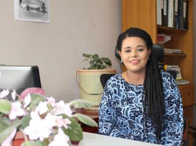 <p>Distance education director Tigist Alamirew at her desk at Meserete Kristos College. Photos courtesy of Tigist Alamirew.</p>