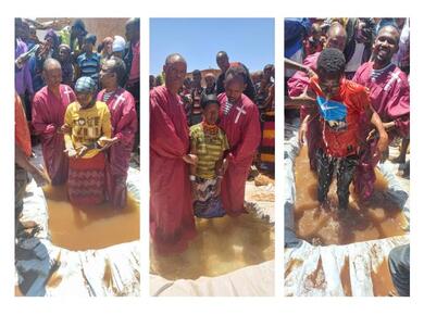 three slides of a person being baptized